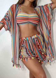 Khaki Striped Chiffon Bikini Three Pieces Set Tasseled Summer