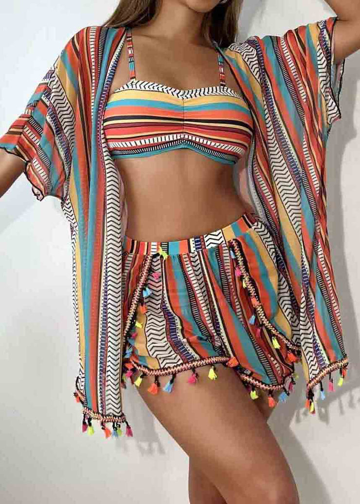 Khaki Striped Chiffon Bikini Three Pieces Set Tasseled Summer