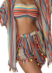 Khaki Striped Chiffon Bikini Three Pieces Set Tasseled Summer