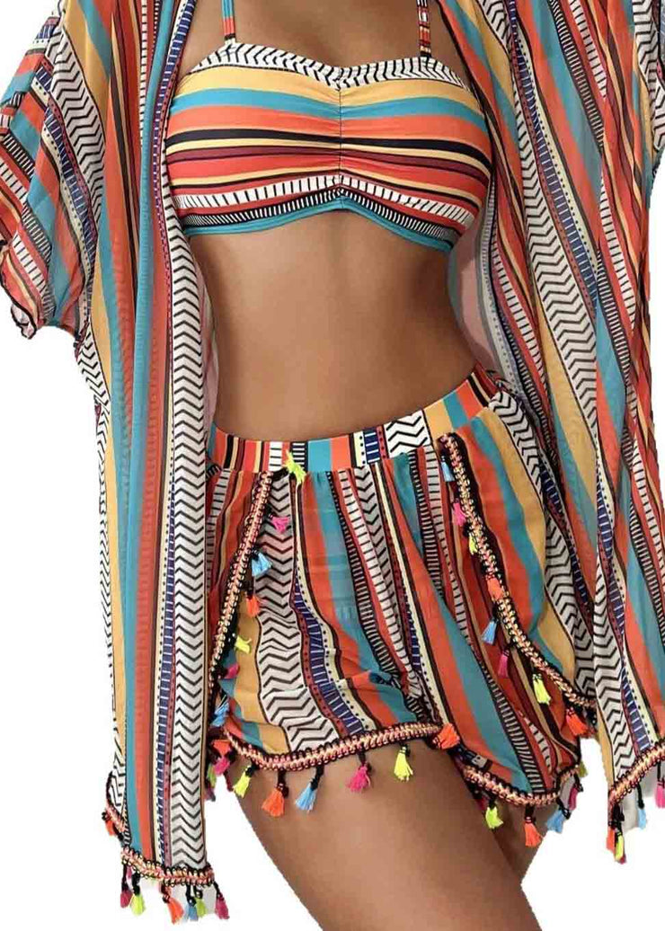 Khaki Striped Chiffon Bikini Three Pieces Set Tasseled Summer
