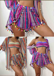Khaki Striped Chiffon Bikini Three Pieces Set Tasseled Summer
