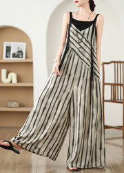 Khaki Striped Jumpsuit Wide Leg Pants Summer