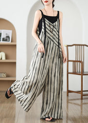 Khaki Striped Jumpsuit Wide Leg Pants Summer