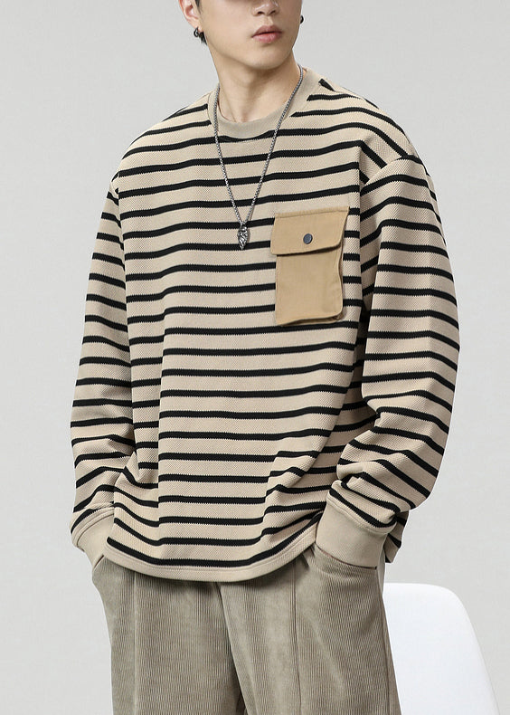 Khaki Striped Pockets Cotton Men T Shirts O Neck Spring