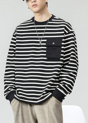 Khaki Striped Pockets Cotton Men T Shirts O Neck Spring