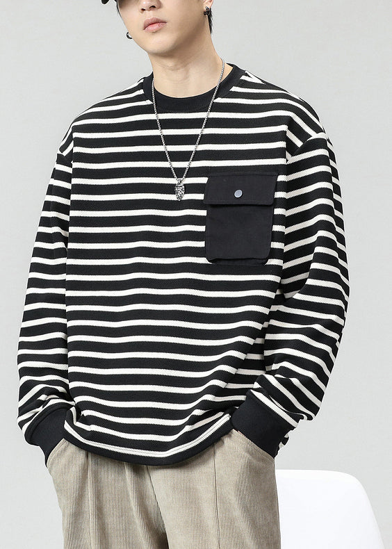 Khaki Striped Pockets Cotton Men T Shirts O Neck Spring