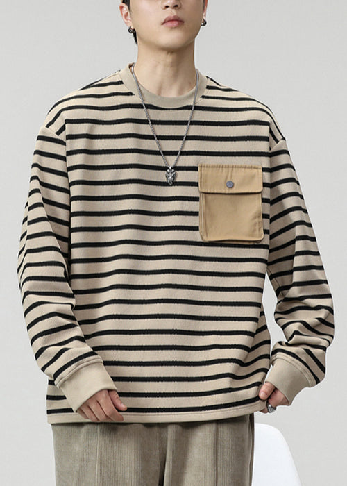 Khaki Striped Pockets Cotton Men T Shirts O Neck Spring