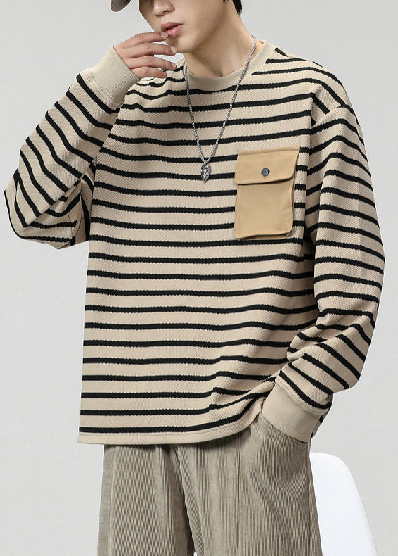 Khaki Striped Pockets Cotton Men T Shirts O Neck Spring