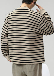Khaki Striped Pockets Cotton Men T Shirts O Neck Spring