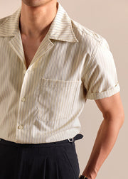 Khaki Striped Pockets Cotton Shirts Men Peter Pan Collar