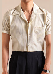 Khaki Striped Pockets Cotton Shirts Men Peter Pan Collar