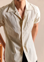 Khaki Striped Pockets Cotton Shirts Men Peter Pan Collar