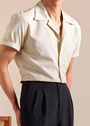 Khaki Striped Pockets Cotton Shirts Men Peter Pan Collar