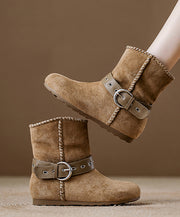 Khaki Suede Beautiful Buckle Strap Splicing Boots