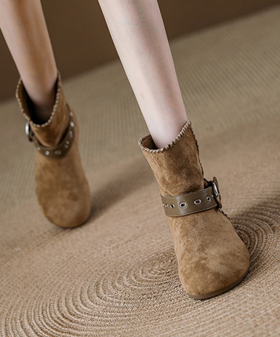 Khaki Suede Beautiful Buckle Strap Splicing Boots
