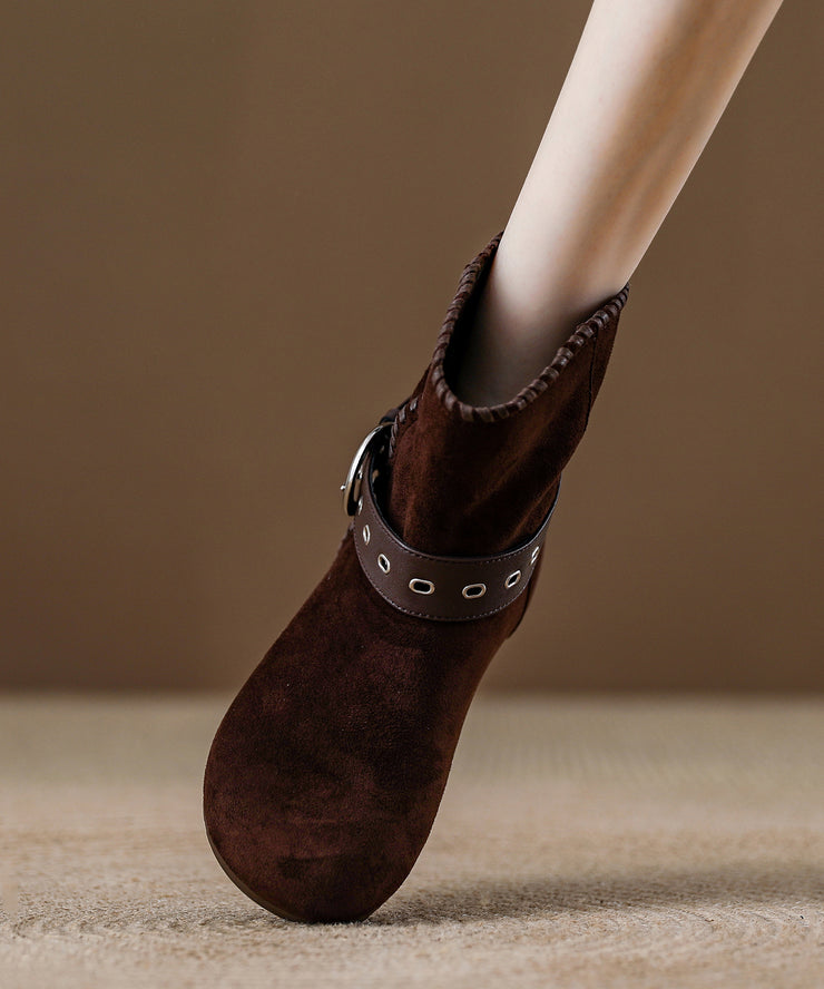 Khaki Suede Beautiful Buckle Strap Splicing Boots