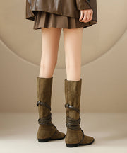 Khaki Suede Splicing Boho Boots Lace Up Pointed Toe