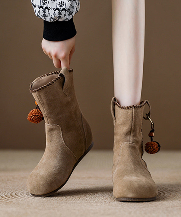 Khaki Suede Splicing Boho Wedge Boots