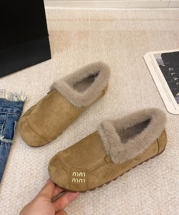 Khaki Suede Women Splicing Cozy Warm Flats