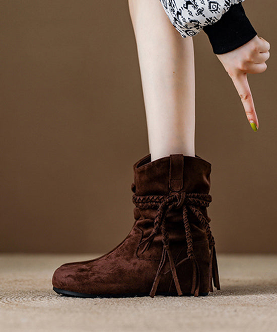 Khaki Tassel Wrinkled Splicing Bohemian Suede Boots