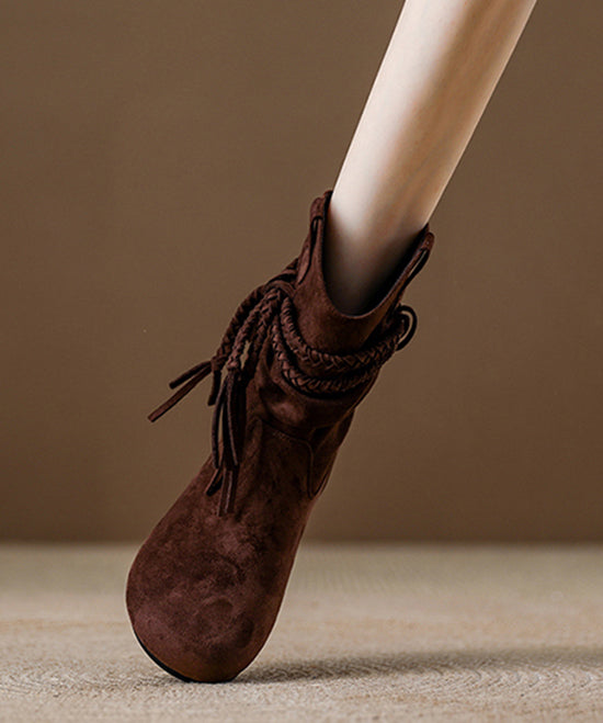 Khaki Tassel Wrinkled Splicing Bohemian Suede Boots