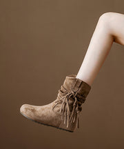 Khaki Tassel Wrinkled Splicing Bohemian Suede Boots