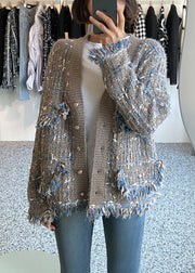 Khaki Tasseled Pockets Knitted Cotton Coat V Neck