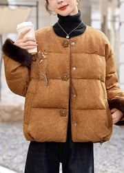 Khaki Thick Duck Down Down Coat Embroidered Winter