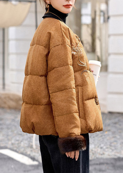 Khaki Thick Duck Down Down Coat Embroidered Winter