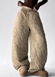 Khaki Thick Elastic Waist Cotton Filled Wide Leg Pants Pockets