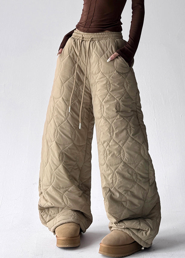 Khaki Thick Elastic Waist Cotton Filled Wide Leg Pants Pockets