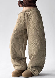 Khaki Thick Elastic Waist Cotton Filled Wide Leg Pants Pockets