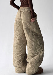 Khaki Thick Elastic Waist Cotton Filled Wide Leg Pants Pockets