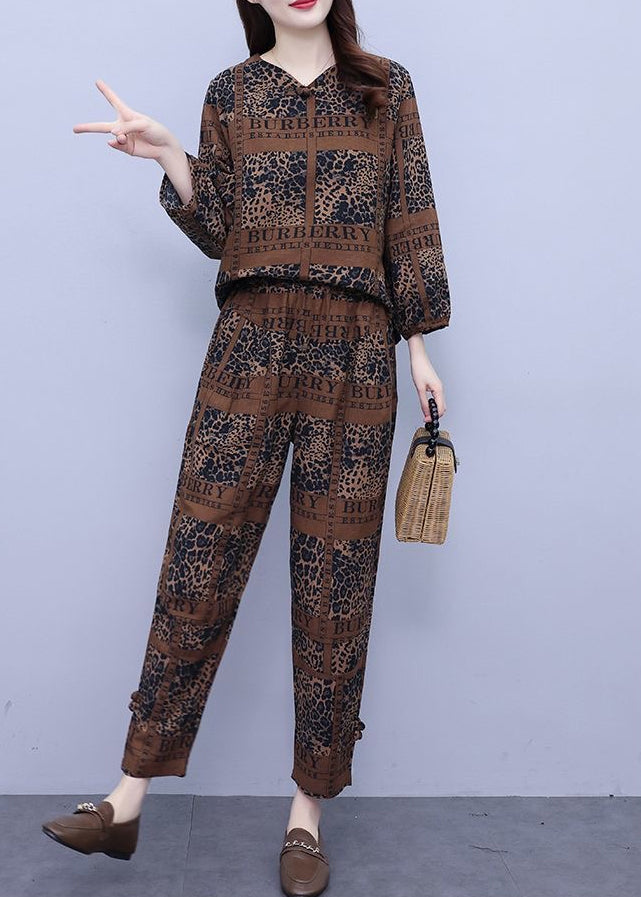 Khaki V Neck Top And Crop Pants Two Pieces Set Long Sleeve