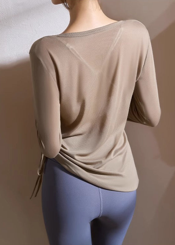 Khaki Wrinkled Tie Waist Loose Yoga Shirts