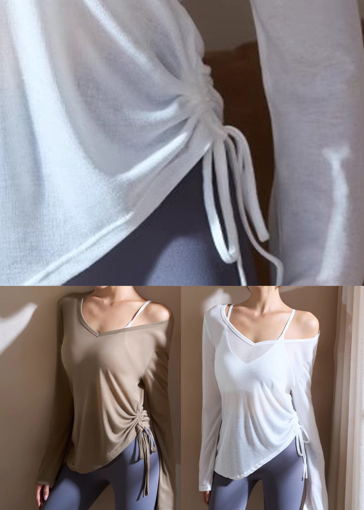 Khaki Wrinkled Tie Waist Loose Yoga Shirts