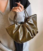 Korean Style Versatile Green Wrinkled Faux Leather Tote Bag