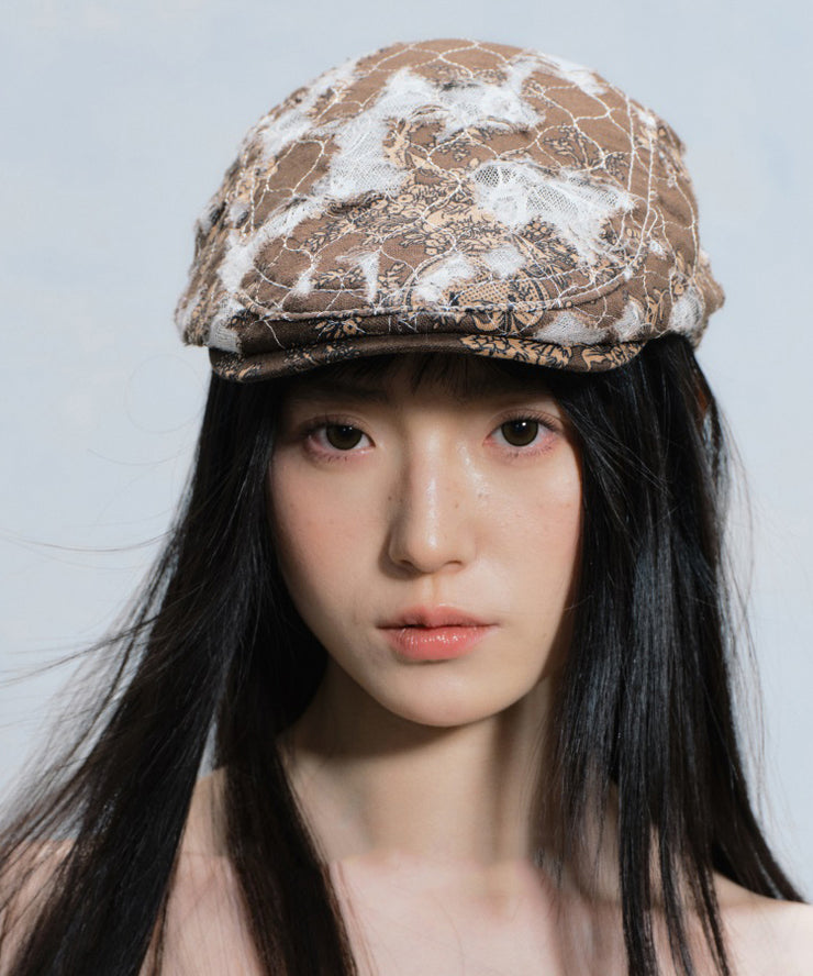 Korean Version Coffee Ripped Breathable Lace Patchwork Beret Hat