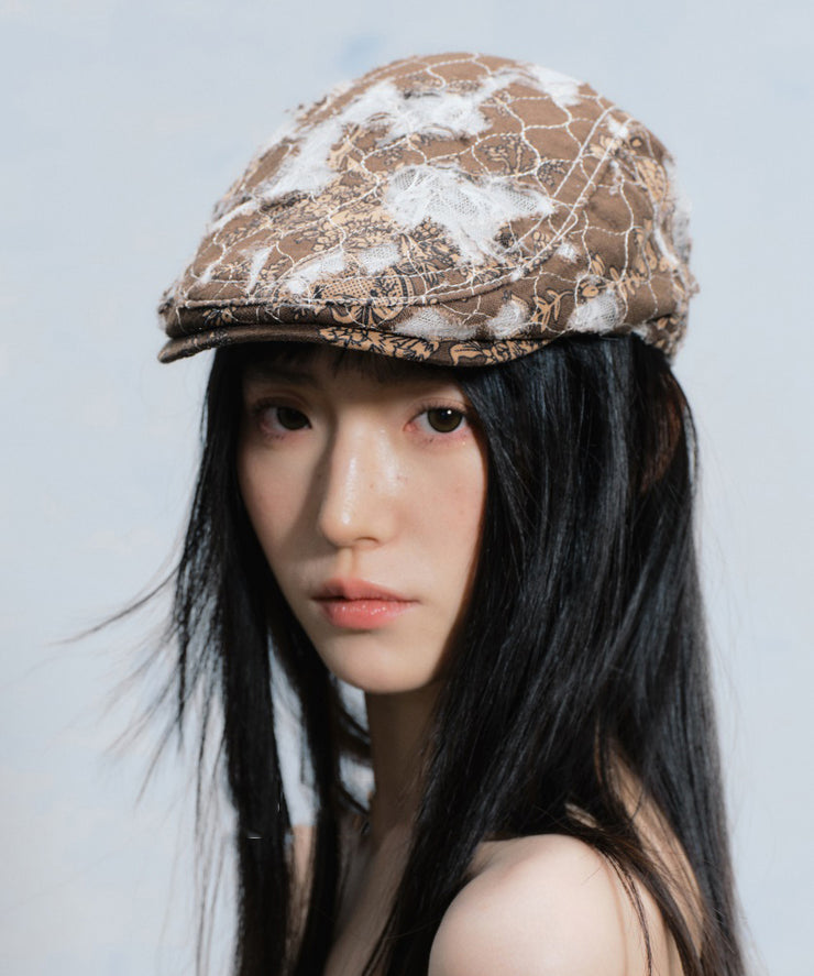 Korean Version Coffee Ripped Breathable Lace Patchwork Beret Hat