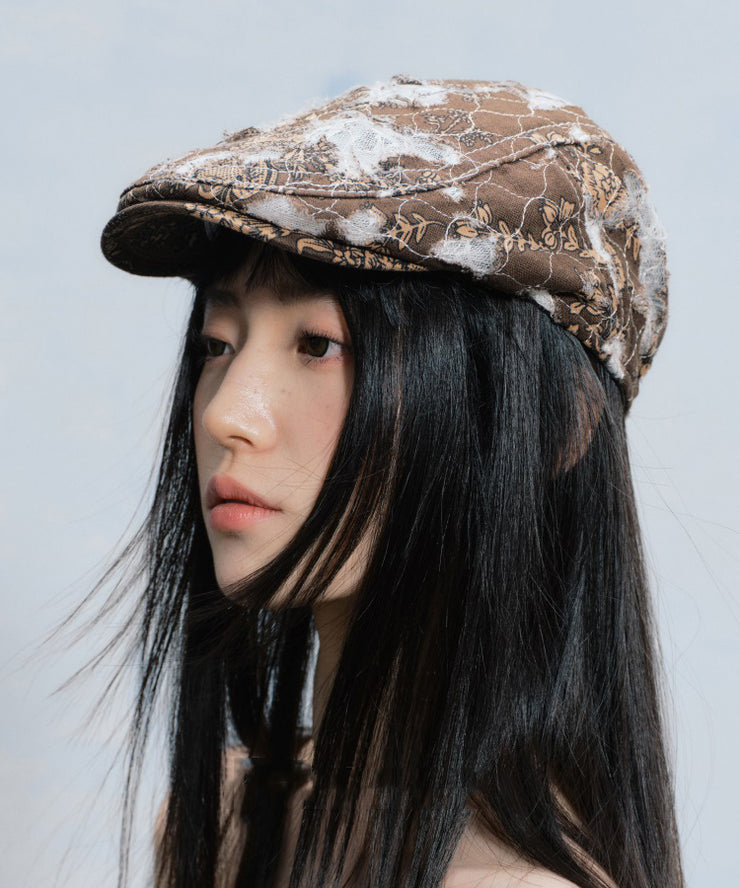 Korean Version Coffee Ripped Breathable Lace Patchwork Beret Hat