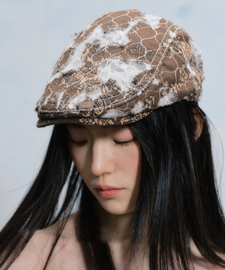 Korean Version Coffee Ripped Breathable Lace Patchwork Beret Hat