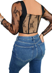 Lace Patchwork Hollow Out Tight Fitting Design Black Casual Top
