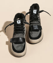 Lace Up Splicing Platform Boots Khaki Faux Leather Fuzzy Wool Lined