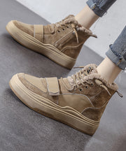 Lace Up Splicing Platform Boots Khaki Faux Leather Fuzzy Wool Lined