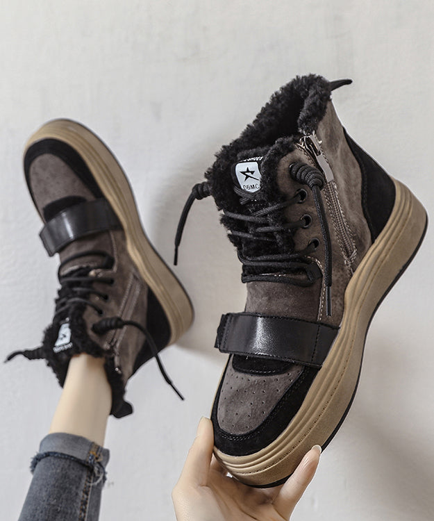 Lace Up Splicing Platform Boots Khaki Faux Leather Fuzzy Wool Lined