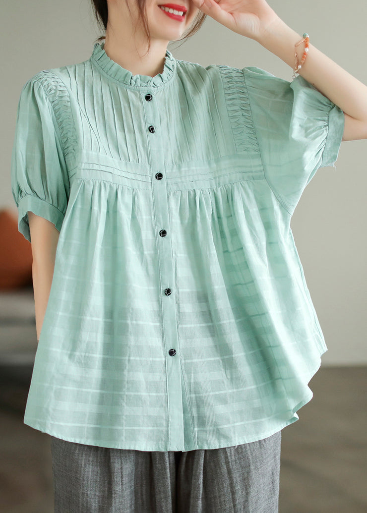 Lake Blue Cotton Loose Blouses Ruffled Summer