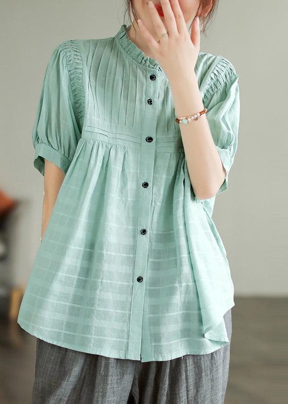 Lake Blue Cotton Loose Blouses Ruffled Summer