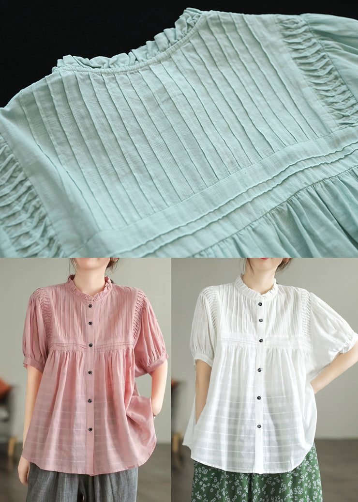 Lake Blue Cotton Loose Blouses Ruffled Summer