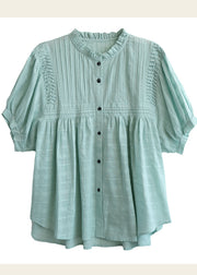 Lake Blue Cotton Loose Blouses Ruffled Summer