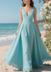 Lake Blue Patchwork Lace Chiffon Long Dress Exra Large Hem Summer